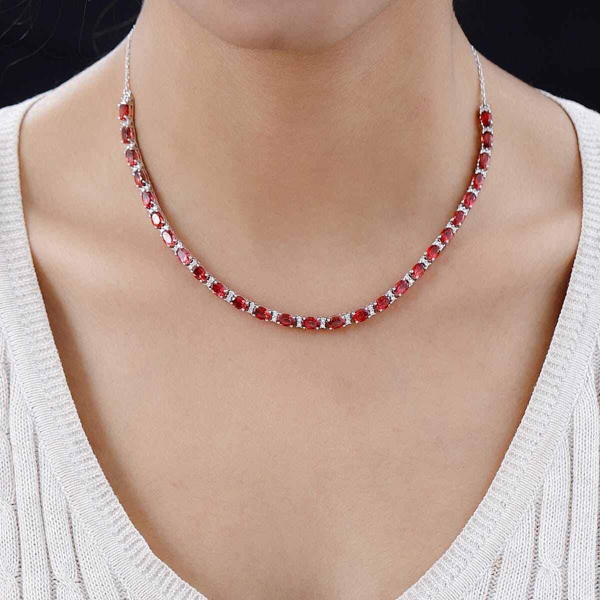 Lab Created Padparadscha Sapphire and Moissanite Tennis Necklace 18 Inches in Platinum Over Sterling Silver 18.90 ctw image number 2