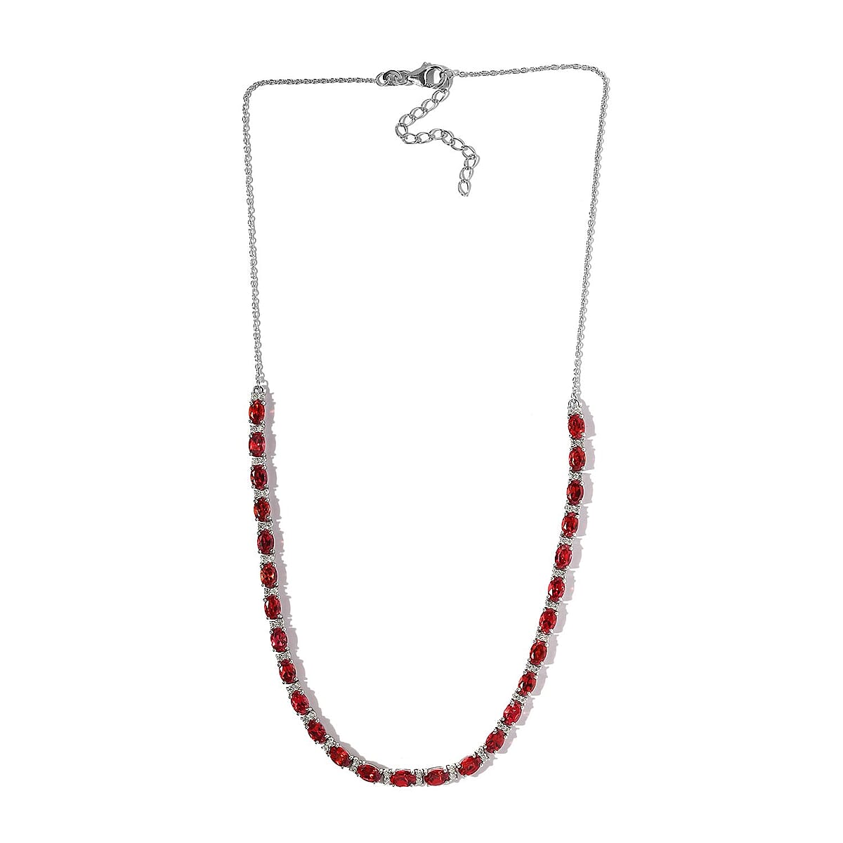 Lab Created Padparadscha Sapphire and Moissanite Tennis Necklace 18 Inches in Platinum Over Sterling Silver 18.90 ctw image number 3