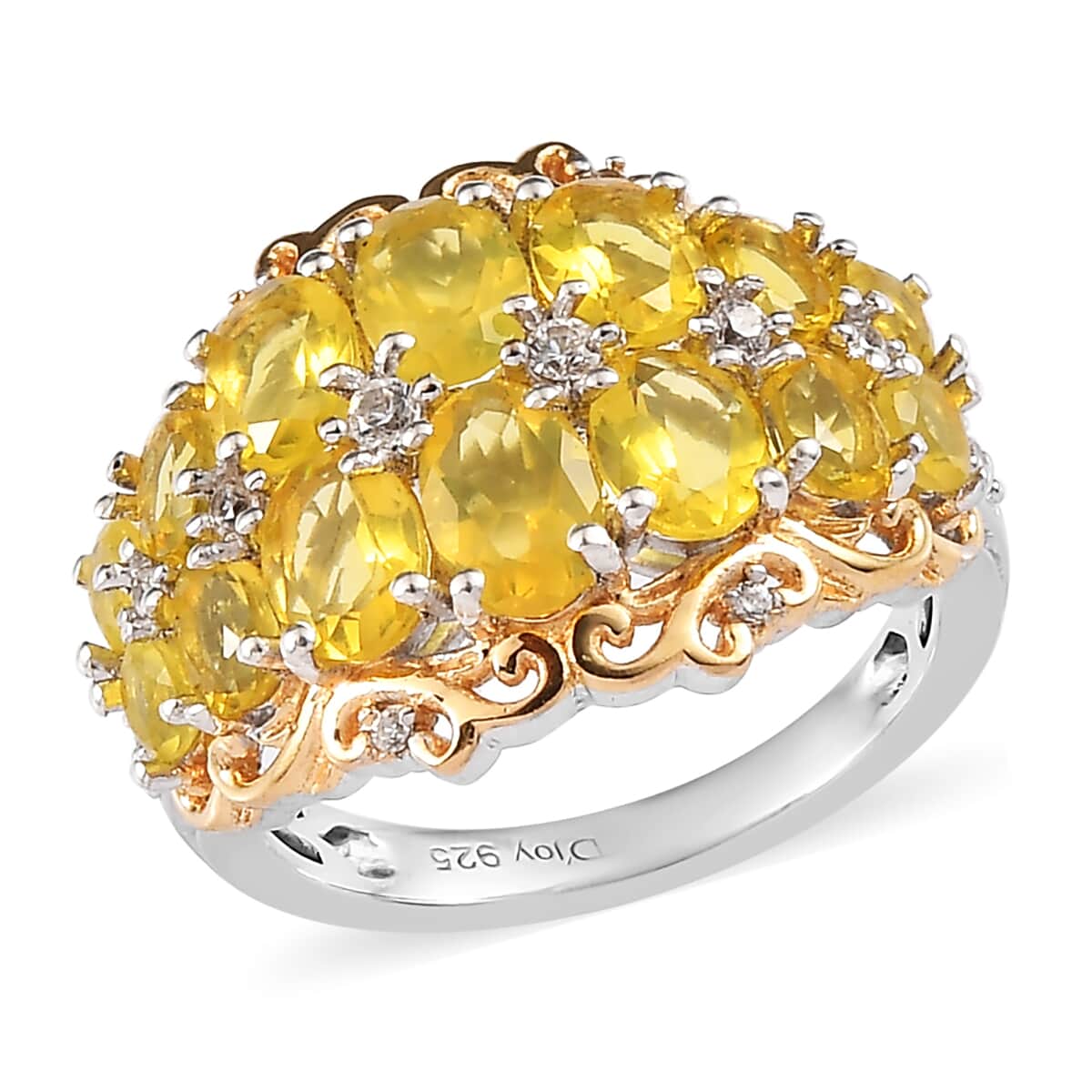 Tanzanian Natural Canary Opal and Natural White Zircon Ring in Vermeil Yellow Gold and Platinum Over Sterling Silver 2.75 ctw image number 0