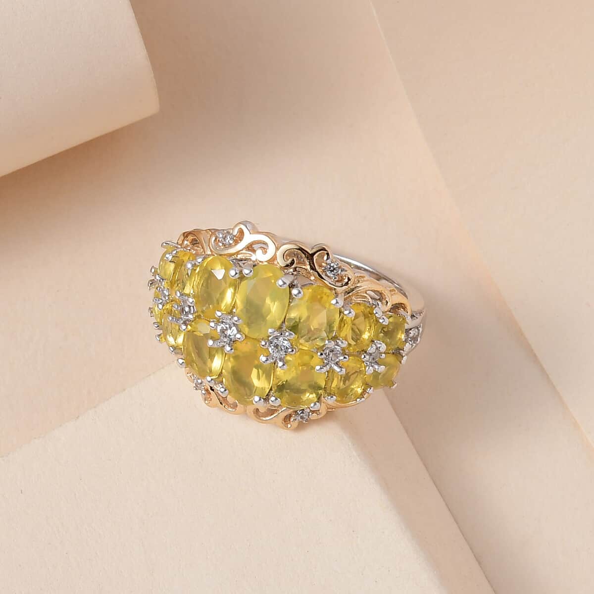 Tanzanian Natural Canary Opal and Natural White Zircon Ring in Vermeil Yellow Gold and Platinum Over Sterling Silver (Size 10.0) 2.75 ctw image number 1