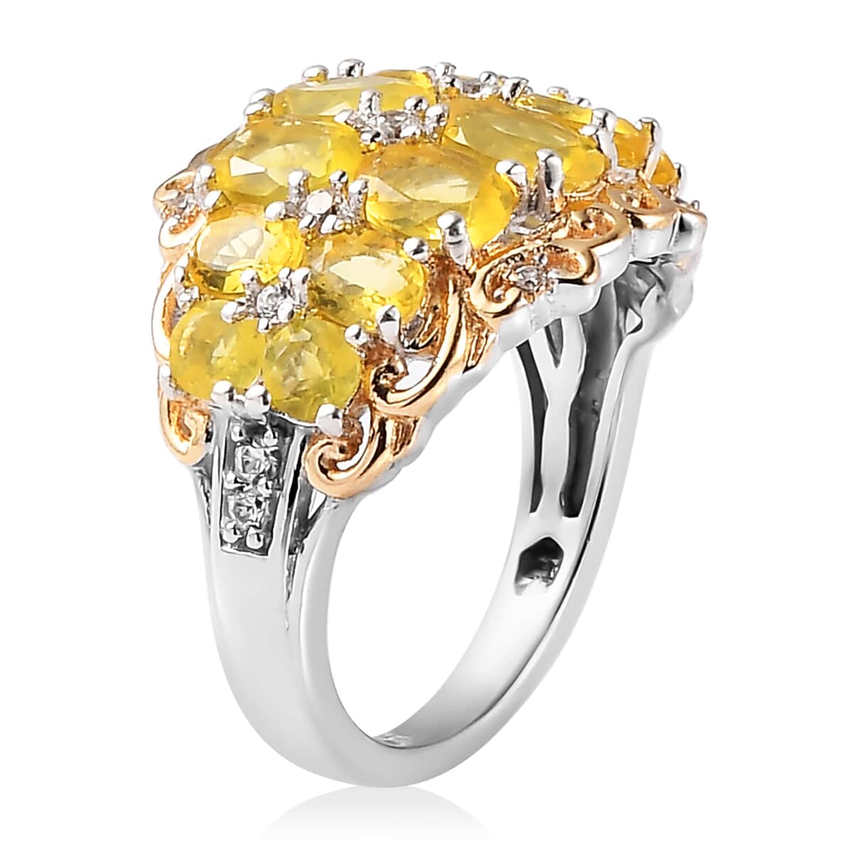 Tanzanian Natural Canary Opal and Natural White Zircon Ring in Vermeil Yellow Gold and Platinum Over Sterling Silver 2.75 ctw image number 3