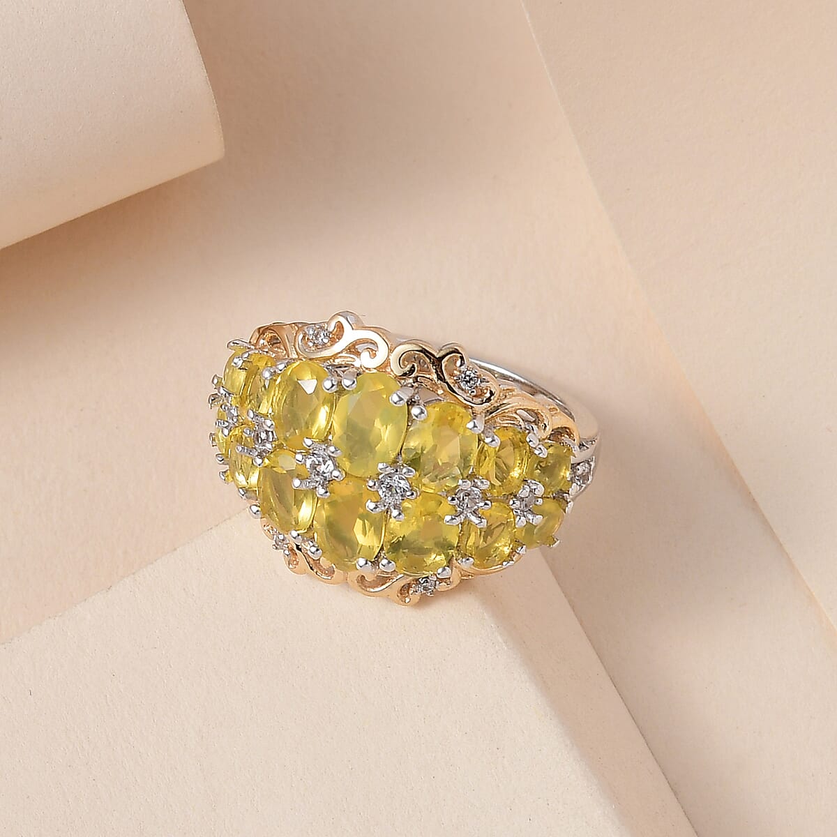 Tanzanian Canary Opal and Natural White Zircon Ring in Vermeil Yellow Gold and Platinum Over Sterling Silver (Size 8.0) 2.75 ctw image number 1