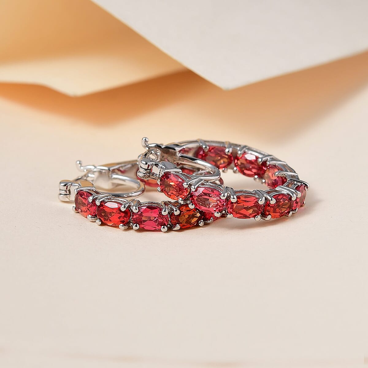 Lab Created Padparadscha Sapphire Hoop Earrings in Platinum Over Sterling Silver 9.90 ctw image number 1