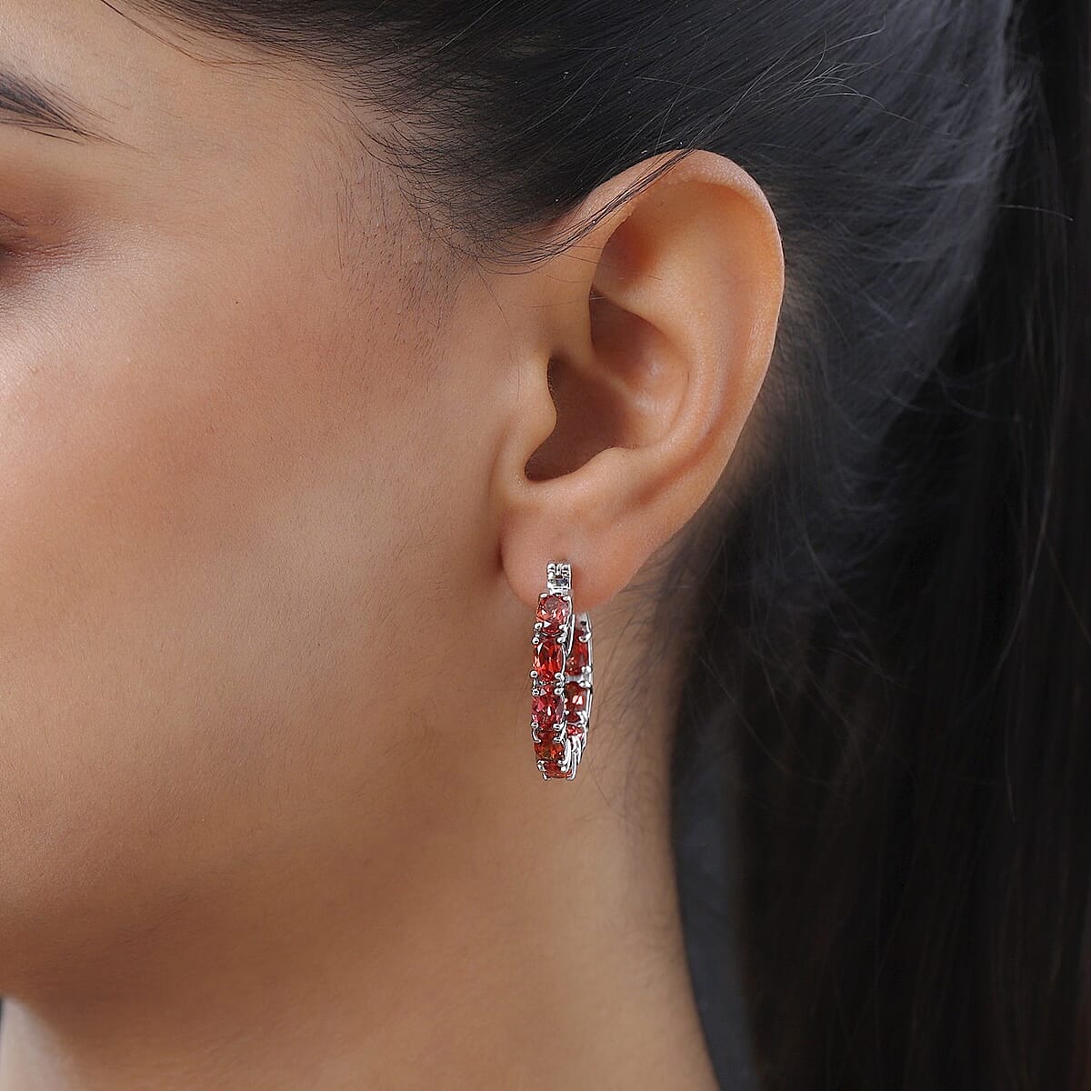 Lab Created Padparadscha Sapphire Hoop Earrings in Platinum Over Sterling Silver 9.90 ctw image number 2