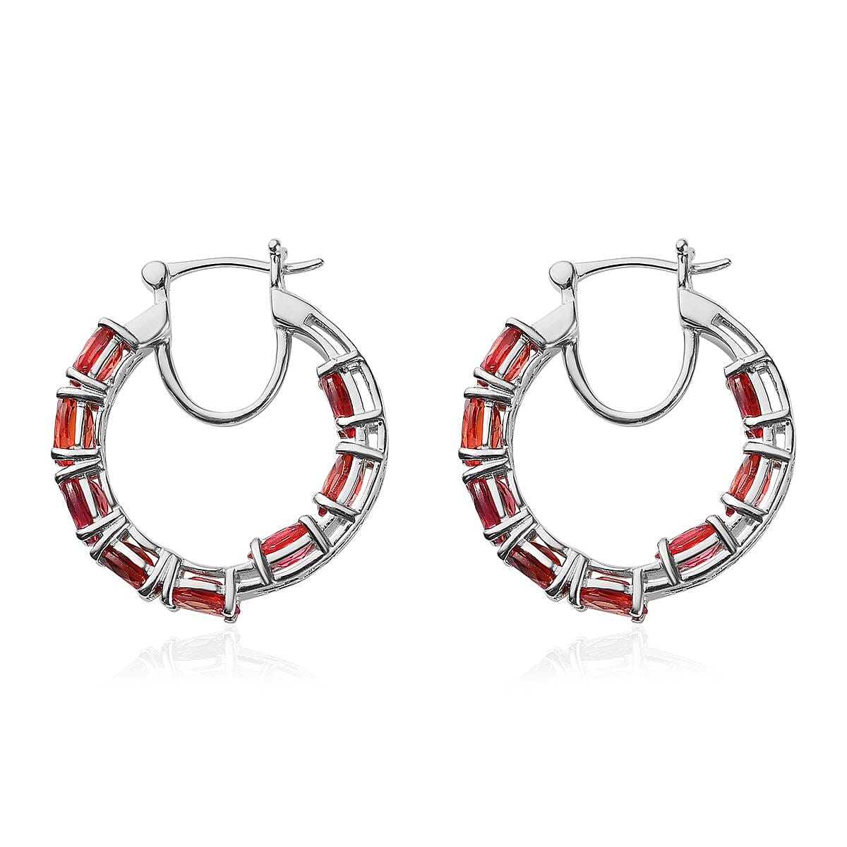 Lab Created Padparadscha Sapphire Hoop Earrings in Platinum Over Sterling Silver 9.90 ctw image number 3