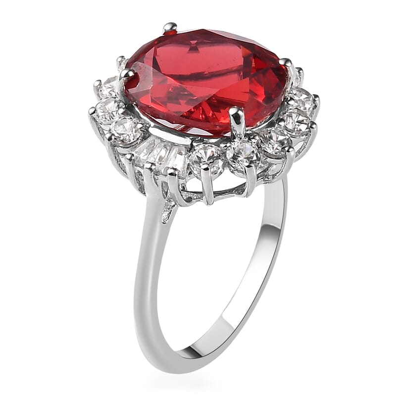 Lab Created Padparadscha Sapphire and White Zircon Floral Ring in Platinum Over Sterling Silver (Size 10.0) 8.40 ctw