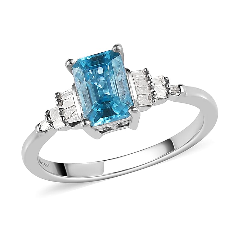 Cambodian Blue Zircon and Diamond Ring in Platinum Over Sterling Silver (Size 10.0) 1.75 ctw