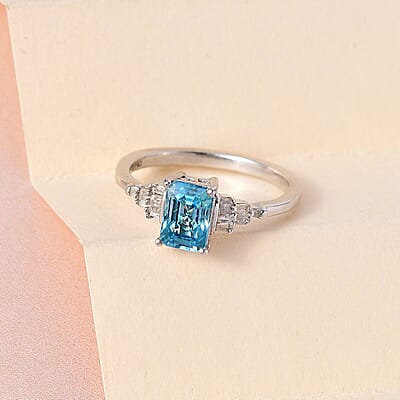 Cambodian Blue Zircon and Diamond Ring in Platinum Over Sterling Silver (Size 10.0) 1.75 ctw
