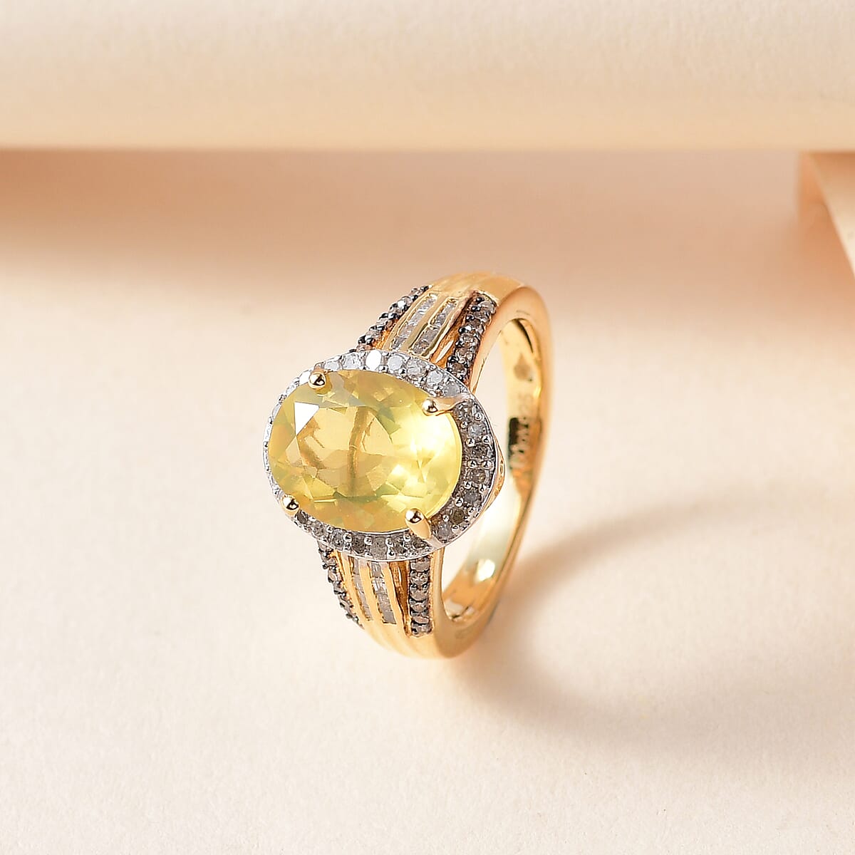 Tanzanian Natural Canary Opal, Natural Champagne and White Diamond Halo Ring in Vermeil Yellow Gold Over Sterling Silver 2.15 ctw image number 1