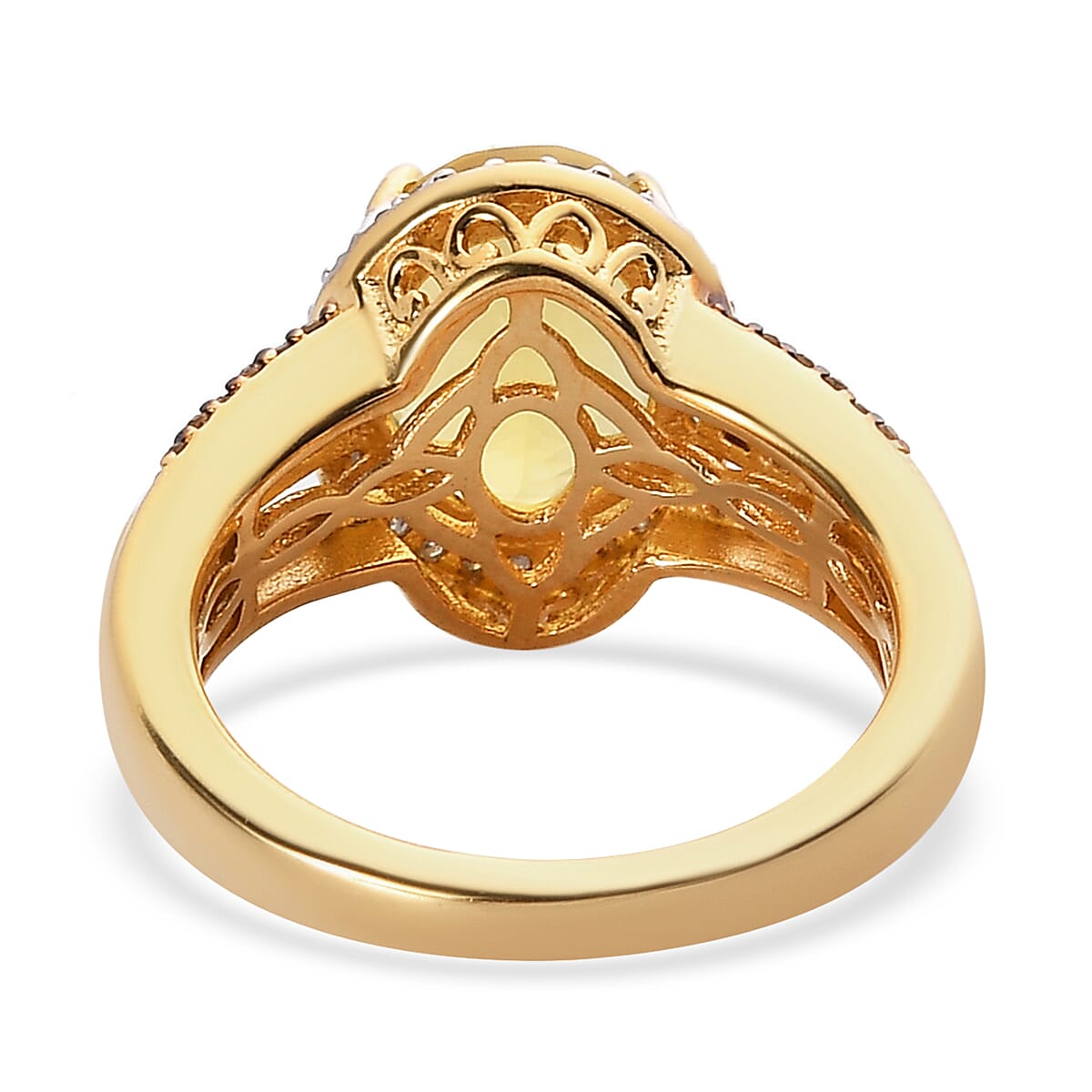 Tanzanian Natural Canary Opal, Natural Champagne and White Diamond Halo Ring in Vermeil Yellow Gold Over Sterling Silver 2.15 ctw image number 4