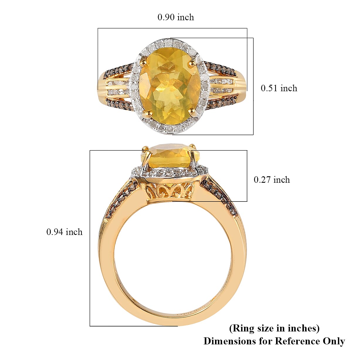 Tanzanian Natural Canary Opal, Natural Champagne and White Diamond Halo Ring in Vermeil Yellow Gold Over Sterling Silver 2.15 ctw image number 5