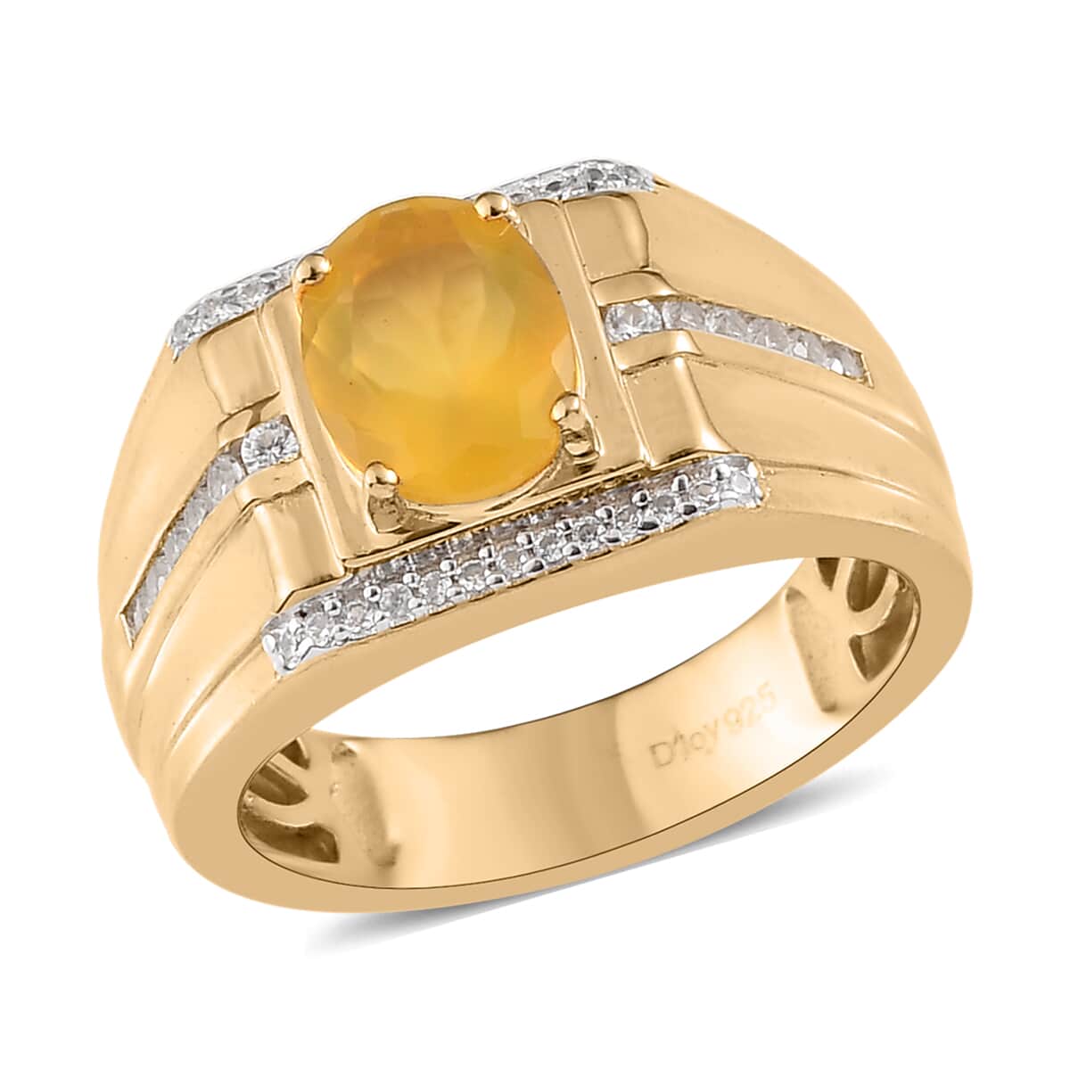 Tanzanian Natural Canary Opal, Natural White Zircon Men's Ring in Vermeil YG Over Sterling Silver (Size 10.0) (9 g) 1.75 ctw image number 0