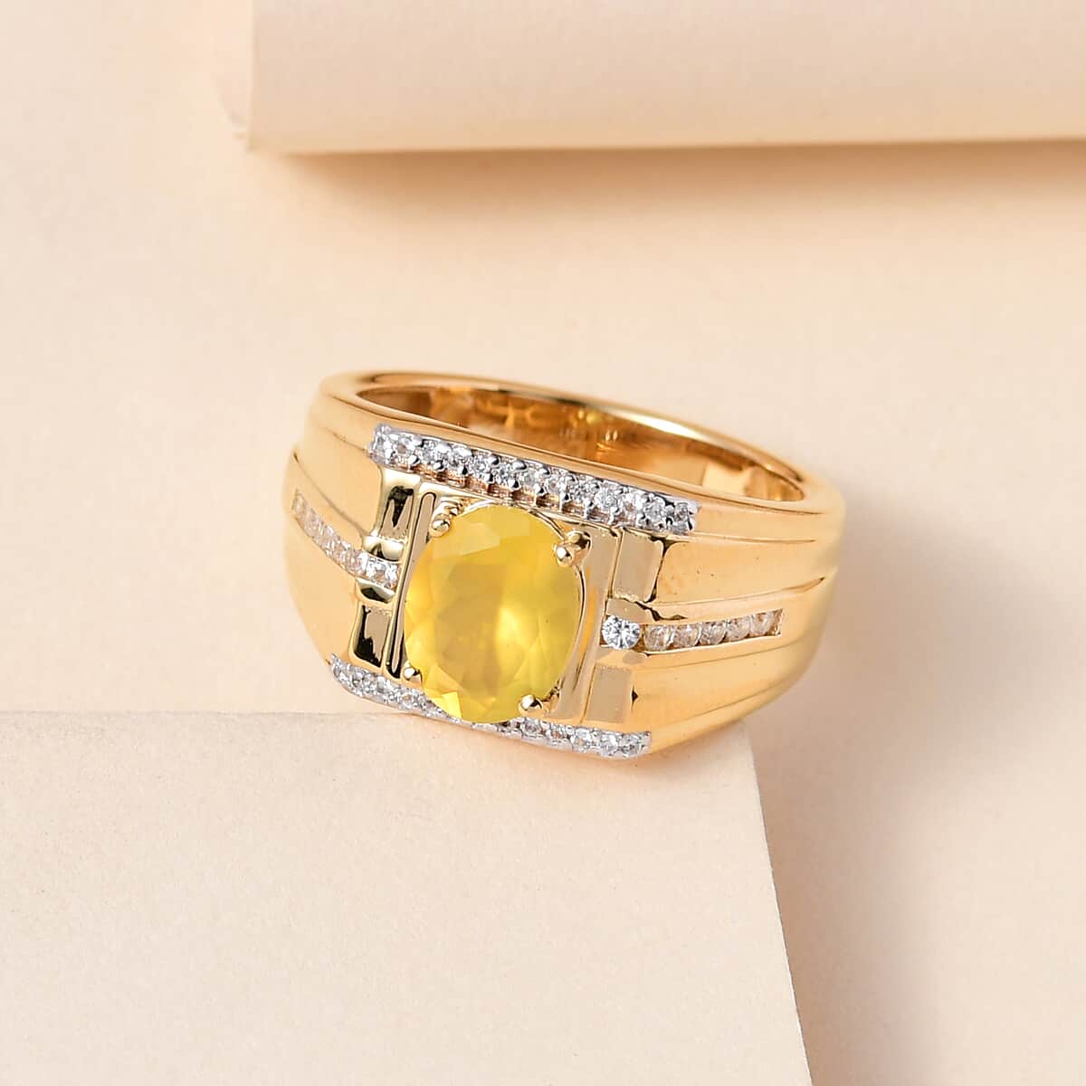 Tanzanian Natural Canary Opal, Natural White Zircon Men's Ring in Vermeil YG Over Sterling Silver (Size 10.0) (9 g) 1.75 ctw image number 1