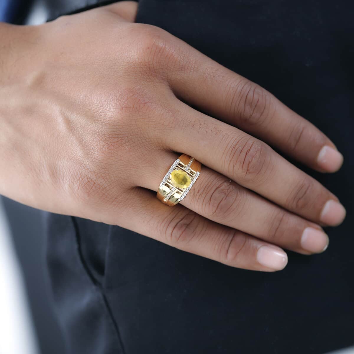 Tanzanian Natural Canary Opal, Natural White Zircon Men's Ring in Vermeil YG Over Sterling Silver (Size 10.0) (9 g) 1.75 ctw image number 2
