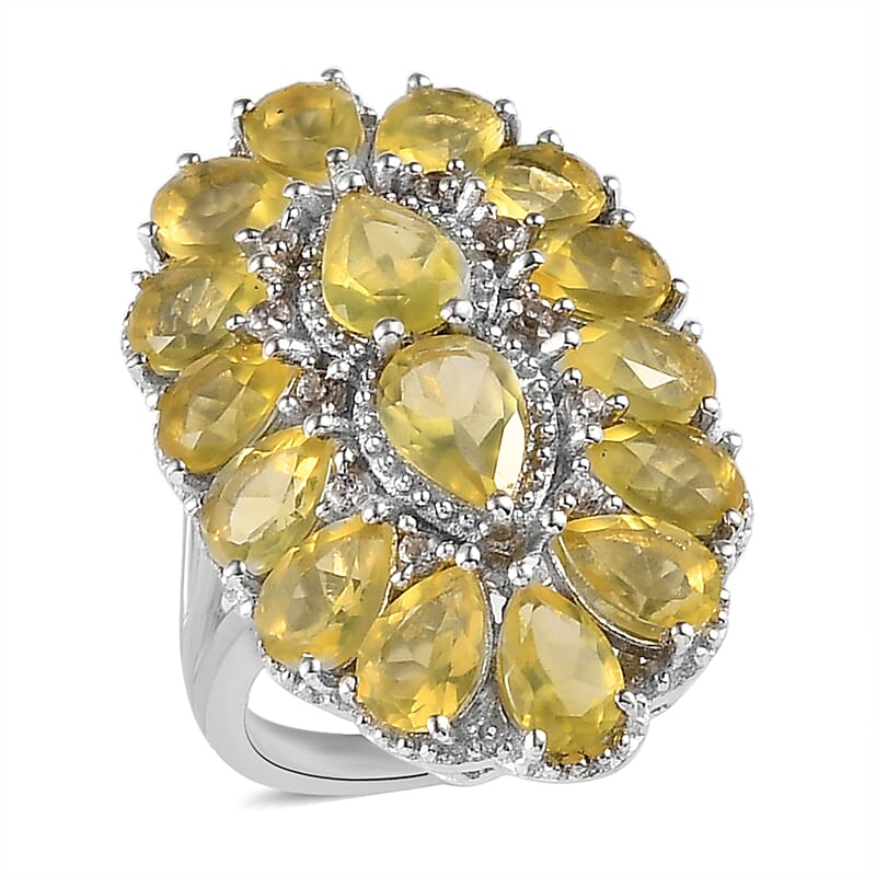 Tanzanian Canary Opal and Natural White Zircon Elongated Ring in Platinum Over Sterling Silver (Size 10.0) 7.40 Grams 5.35 ctw