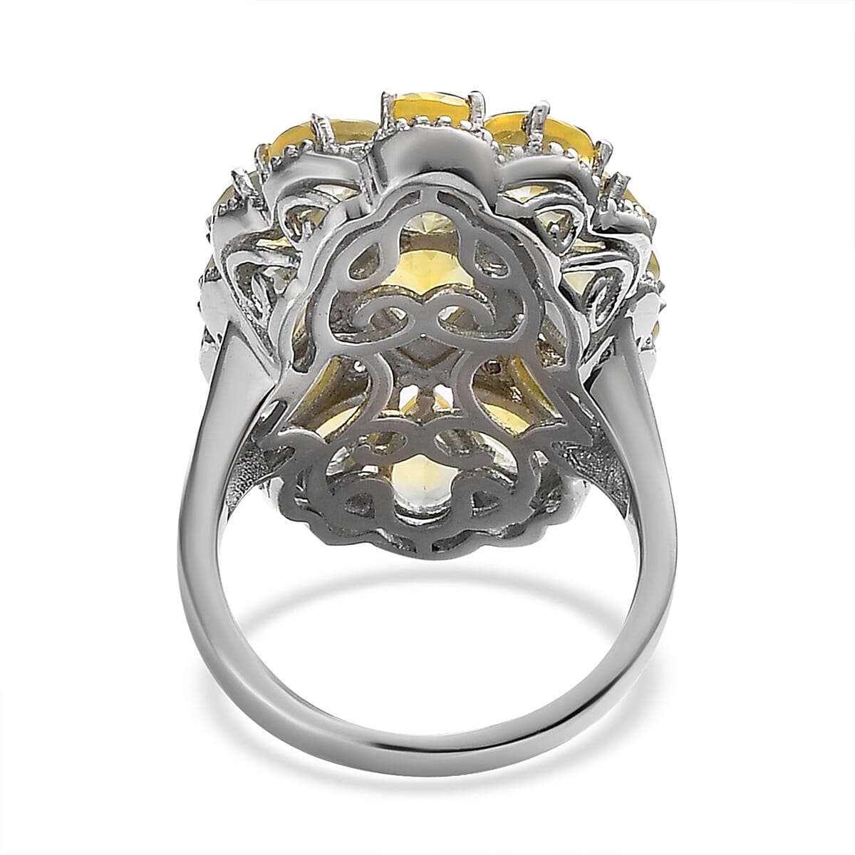 Tanzanian Canary Opal and Natural White Zircon Elongated Ring in Platinum Over Sterling Silver (Size 10.0) 7.40 Grams 5.35 ctw
