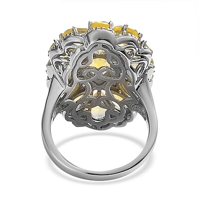 Tanzanian Canary Opal and Natural White Zircon Elongated Ring in Platinum Over Sterling Silver (Size 10.0) 7.40 Grams 5.35 ctw