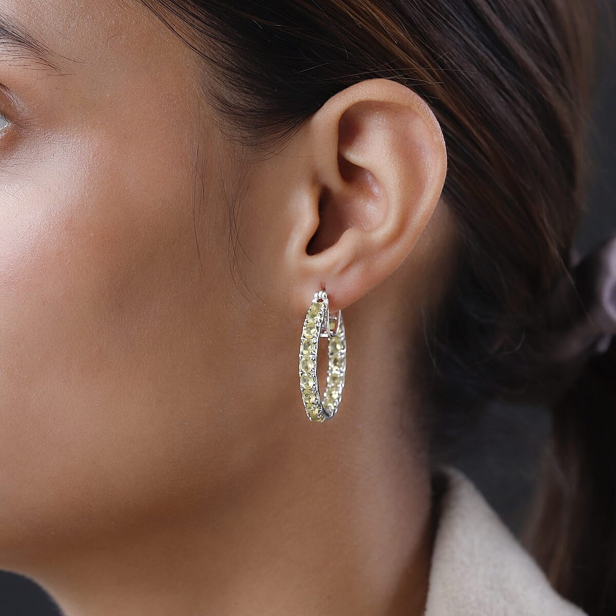 Tanzanian Canary Opal Inside Out Hoop Earrings in Platinum Over Sterling Silver 3.85 ctw image number 2