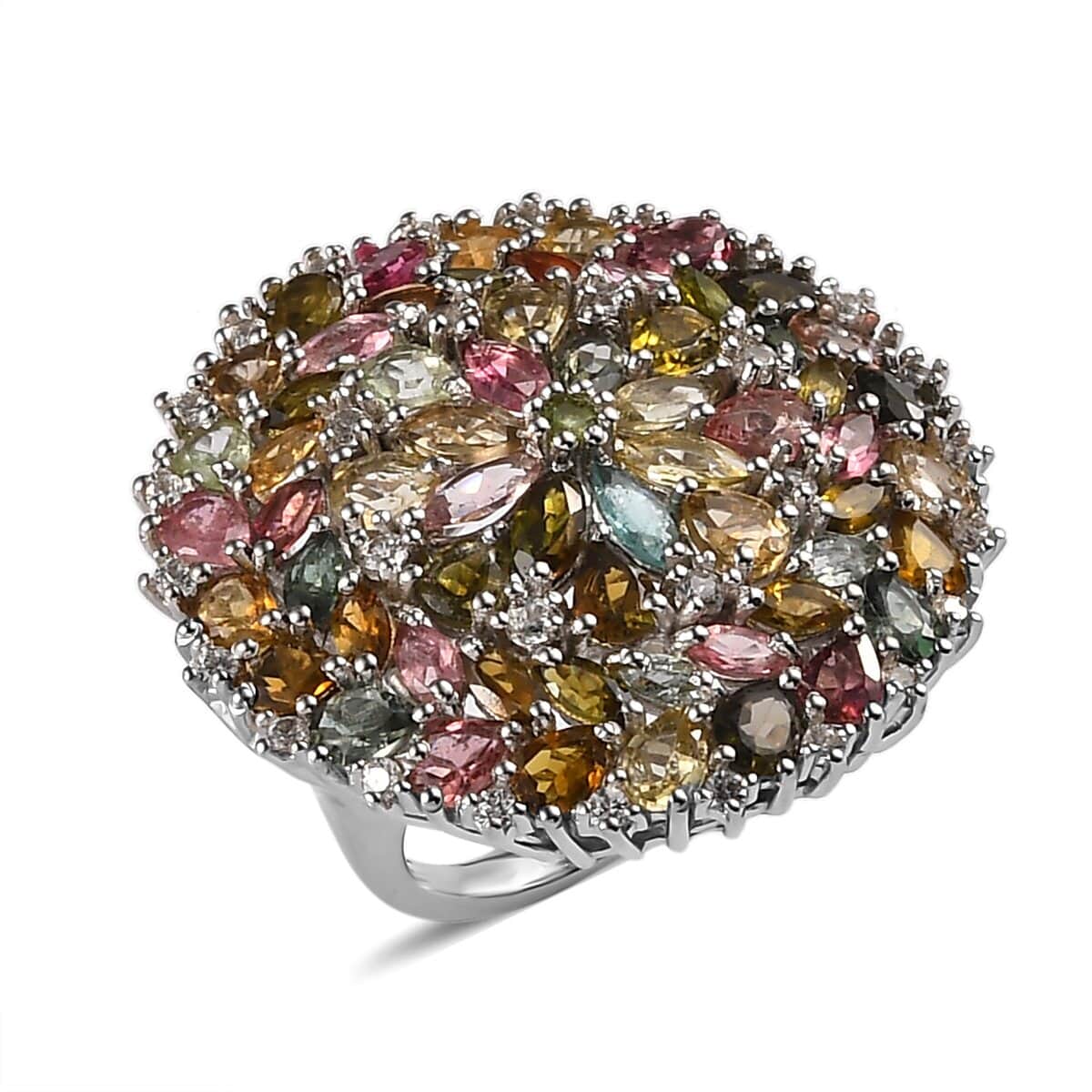 Multi-Tourmaline and White Zircon Floral Ring in Platinum Over Sterling Silver (Size 10.0) 7.90 ctw image number 0