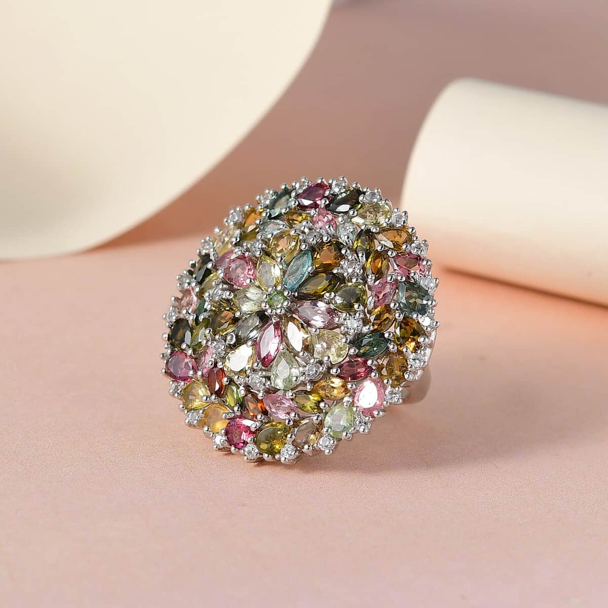 Multi-Tourmaline and White Zircon Floral Ring in Platinum Over Sterling Silver (Size 10.0) 7.90 ctw image number 1