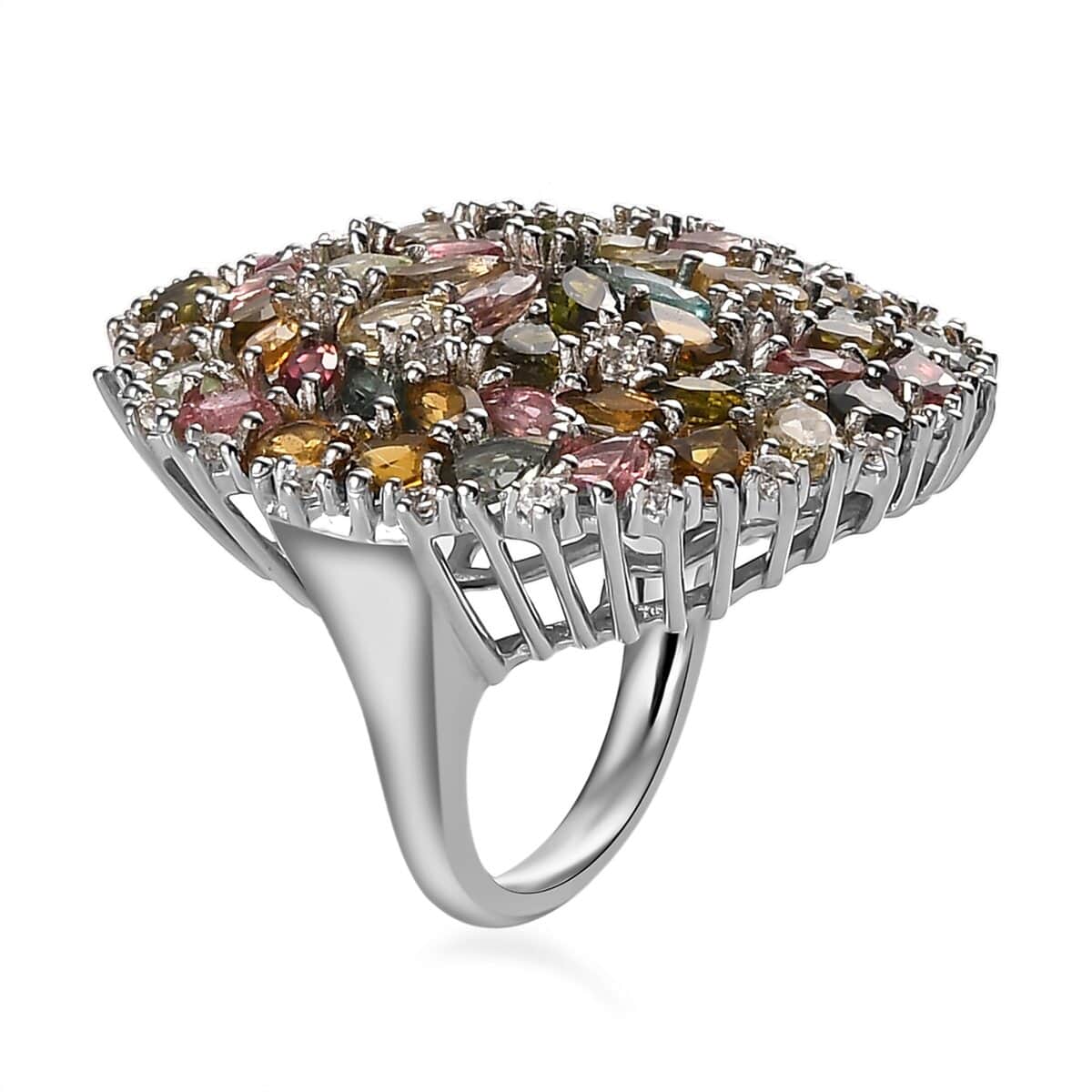 Multi-Tourmaline and White Zircon Floral Ring in Platinum Over Sterling Silver (Size 10.0) 7.90 ctw image number 3