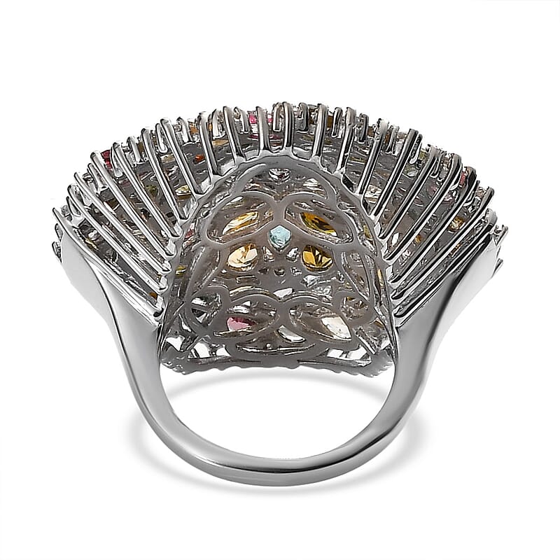 Multi-Tourmaline and White Zircon Floral Ring in Platinum Over Sterling Silver (Size 10.0) 7.90 ctw