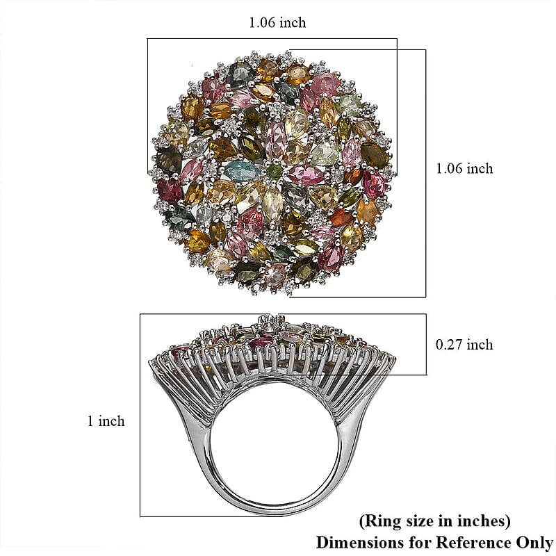 Multi-Tourmaline and White Zircon Floral Ring in Platinum Over Sterling Silver (Size 10.0) 7.90 ctw