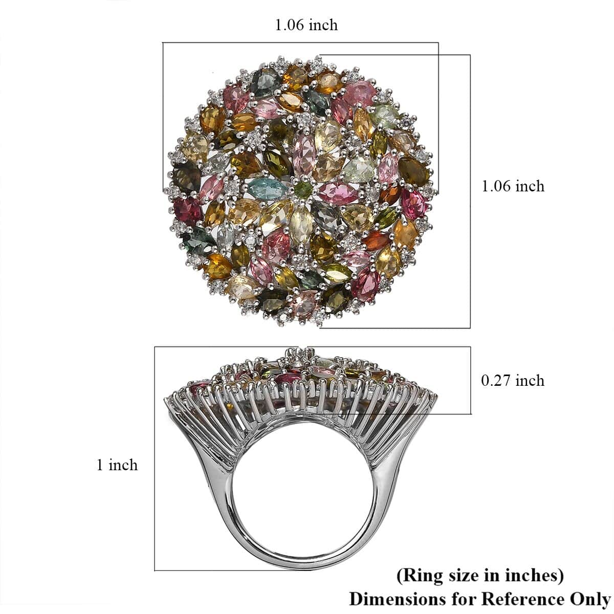 Multi-Tourmaline, Natural White Zircon Floral Ring in Platinum Over Sterling Silver (Size 10.0) (9.50 g) 7.90 ctw image number 5