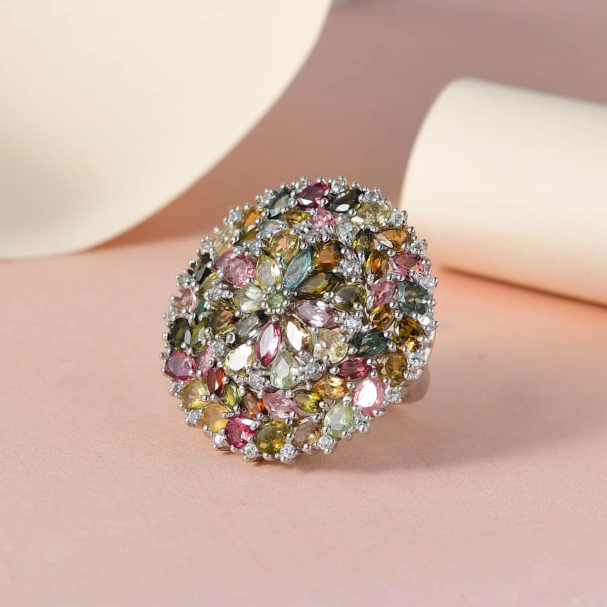 Multi-Tourmaline and White Zircon Floral Ring in Platinum Over Sterling Silver (Size 5.0) 7.90 ctw image number 1