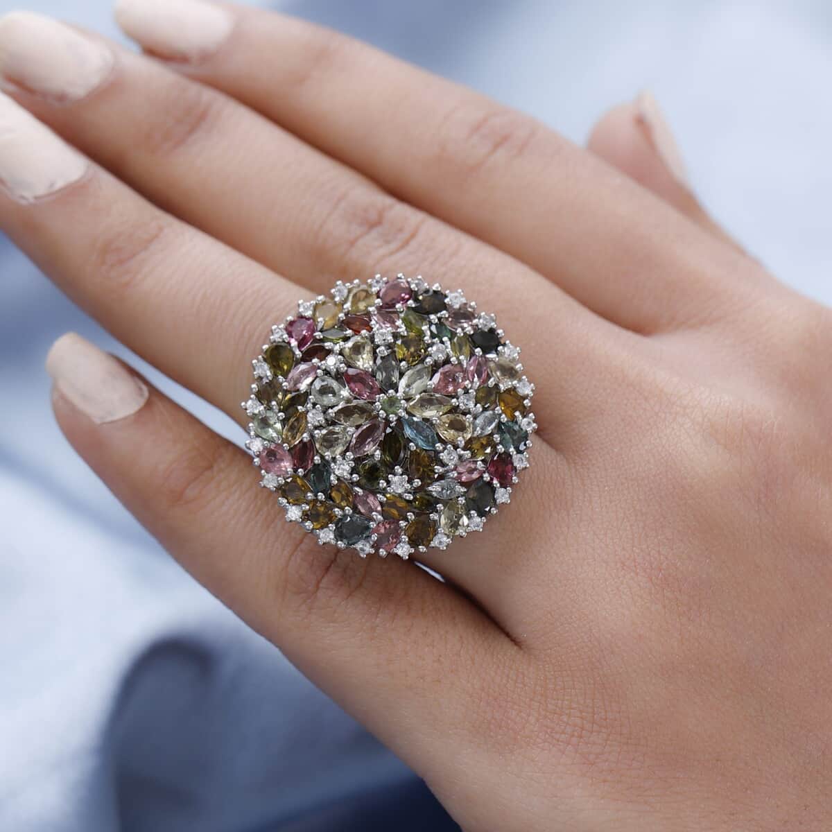 Multi-Tourmaline and White Zircon Floral Ring in Platinum Over Sterling Silver (Size 5.0) 7.90 ctw image number 2