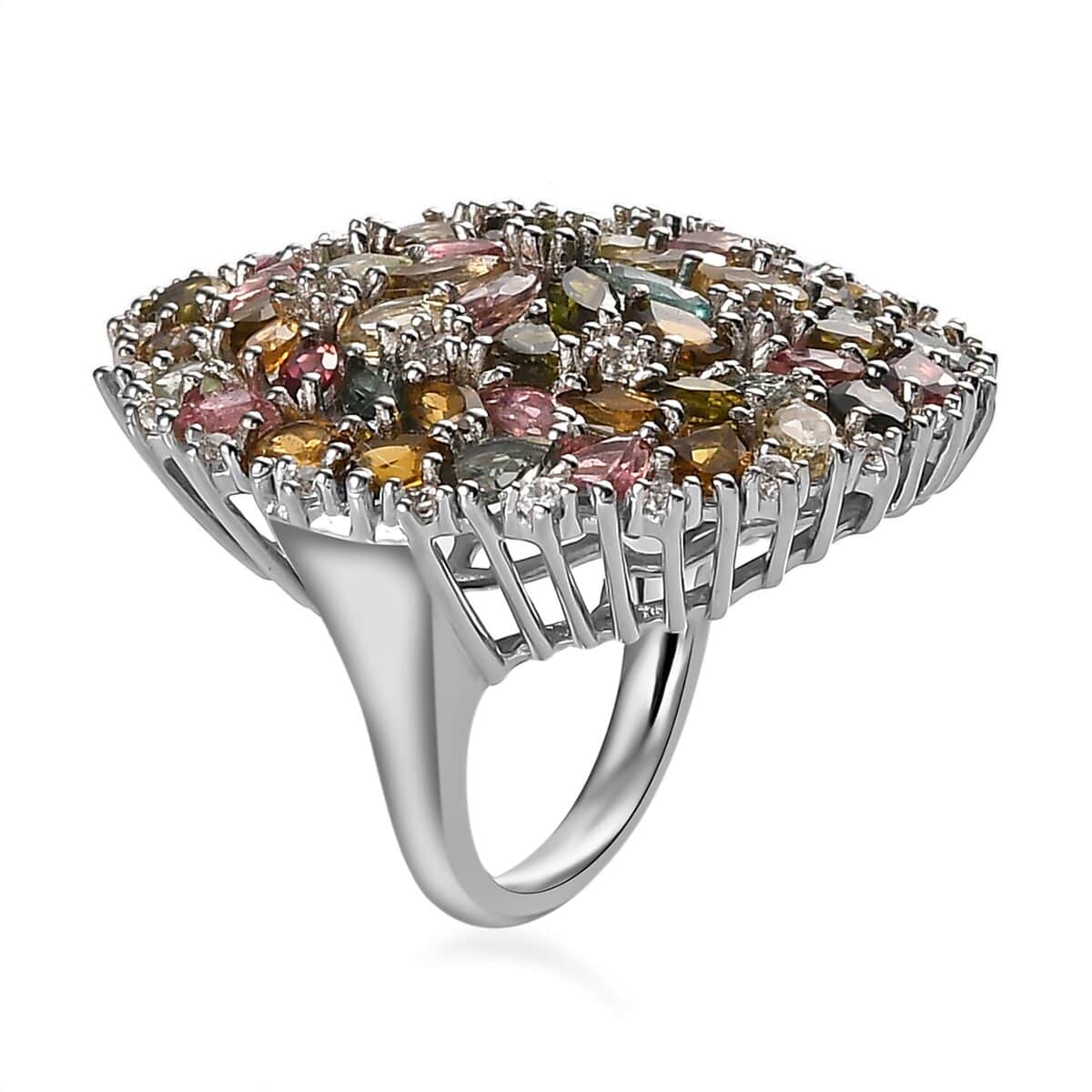 Multi-Tourmaline and White Zircon Floral Ring in Platinum Over Sterling Silver (Size 5.0) 7.90 ctw image number 3