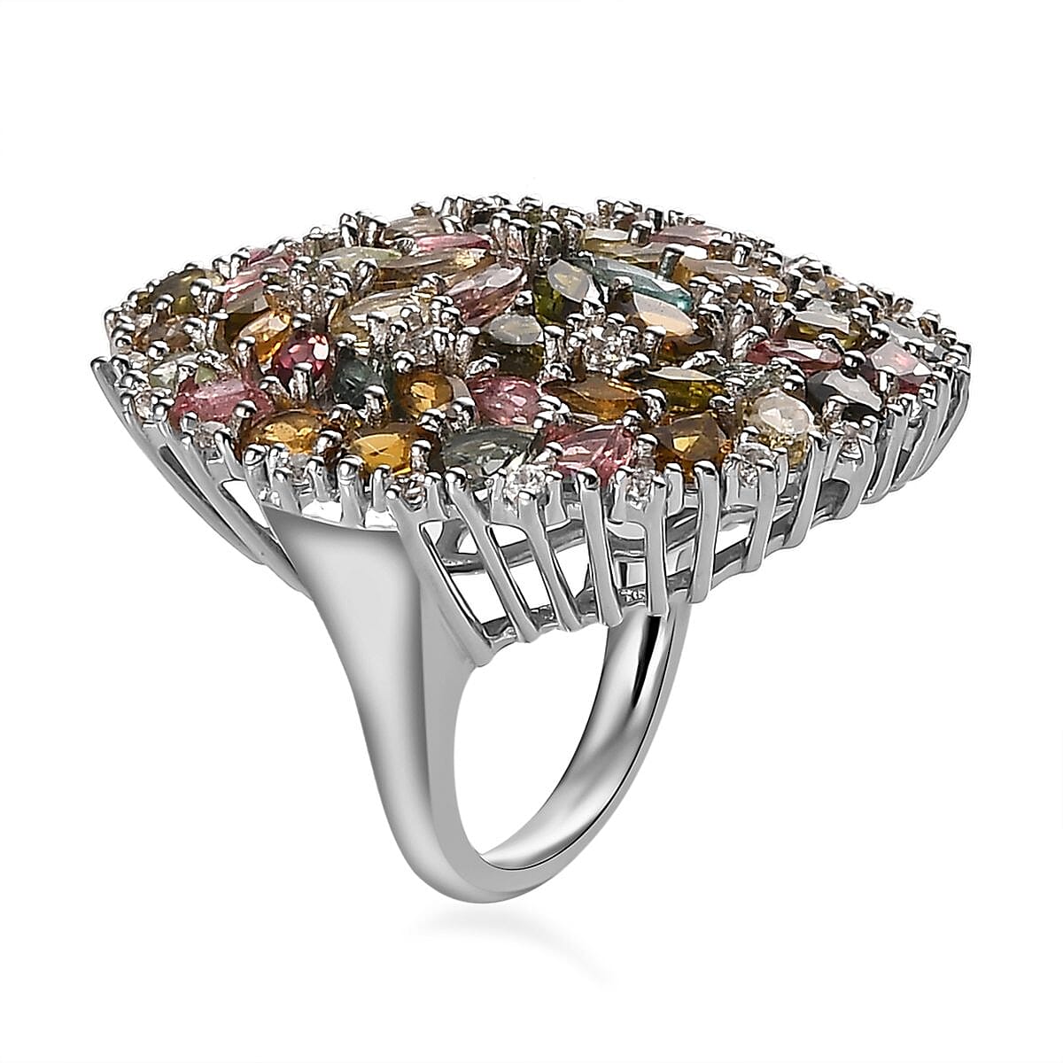 Multi-Tourmaline and White Zircon Floral Ring in Platinum Over Sterling Silver (Size 6.0) 7.90 ctw image number 3