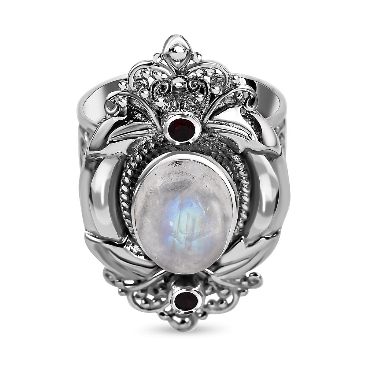 Rainbow Moonstone and Mozambique Garnet 6.30 ctw Ring in Sterling Silver (Size 6.5)