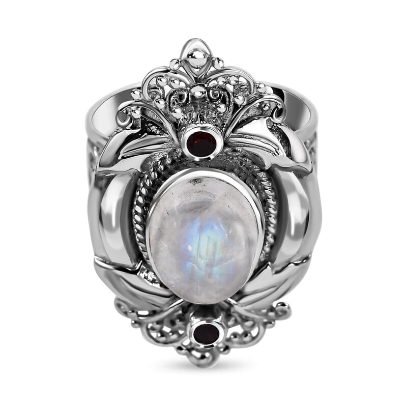 Rainbow Moonstone and Mozambique Garnet 6.30 ctw Ring in Sterling Silver (Size 6.5)