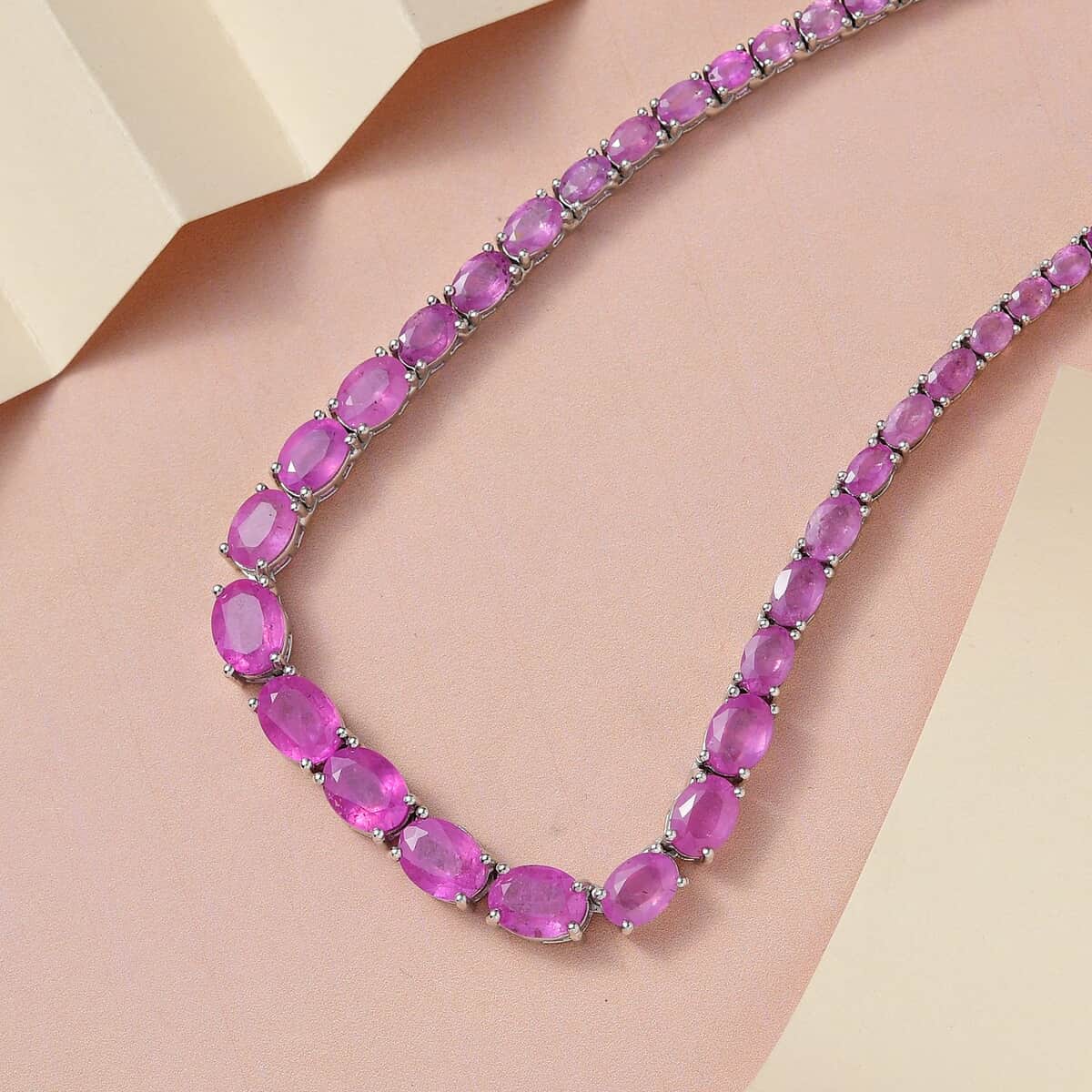 Ilakaka Hot Pink Sapphire Tennis Necklace 18 Inches in Platinum Over Sterling Silver 14 Grams 27.35 ctw image number 1