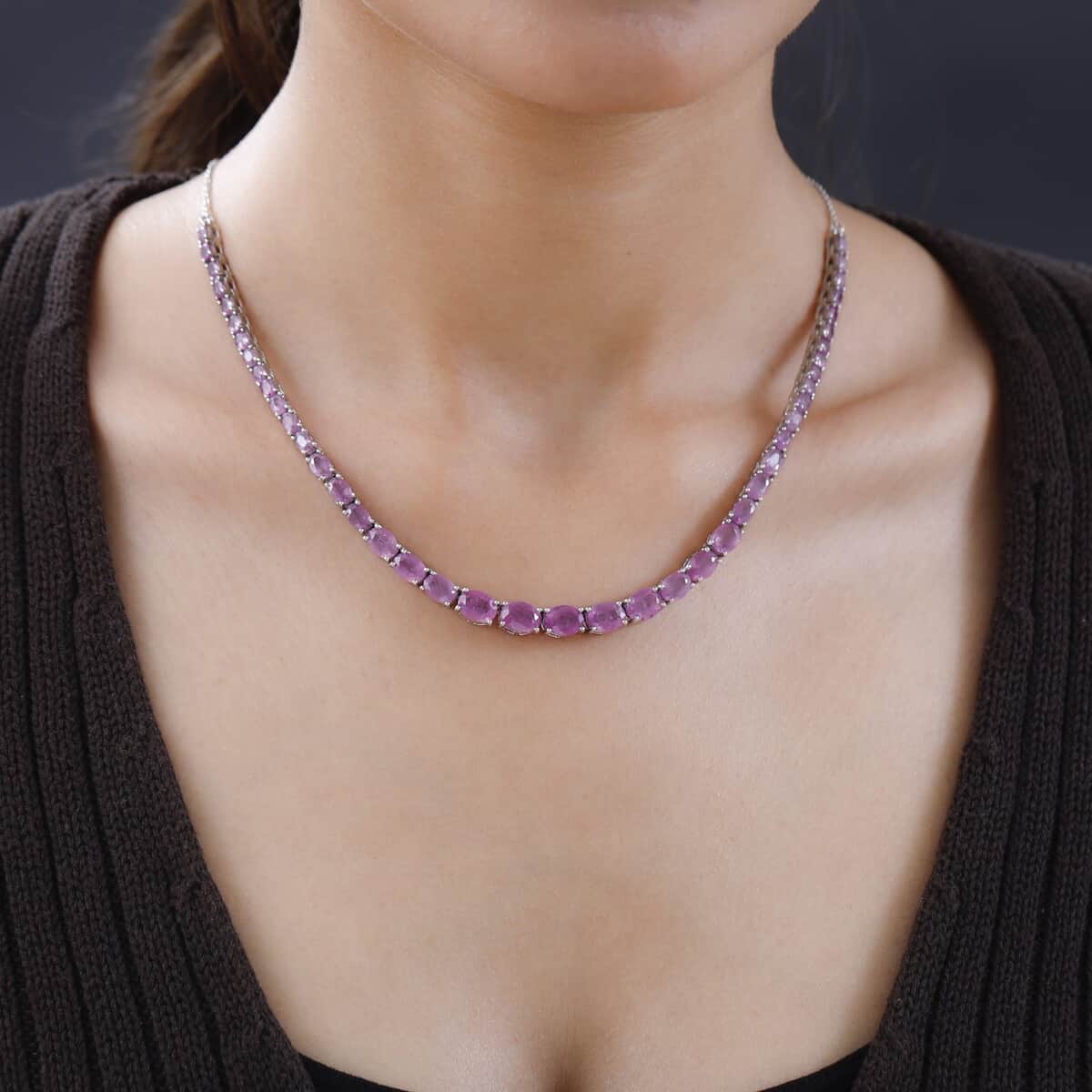 Ilakaka Hot Pink Sapphire Tennis Necklace 18 Inches in Platinum Over Sterling Silver 14 Grams 27.35 ctw image number 2