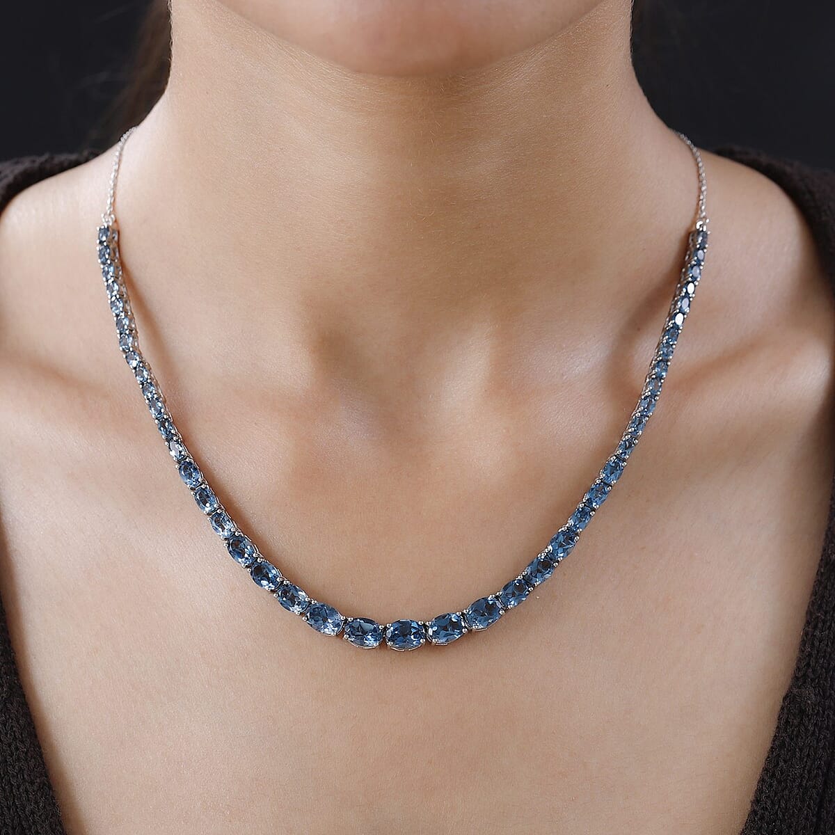 London Blue Topaz Tennis Necklace 18 Inches in Platinum Over Sterling Silver 22.10 ctw image number 2