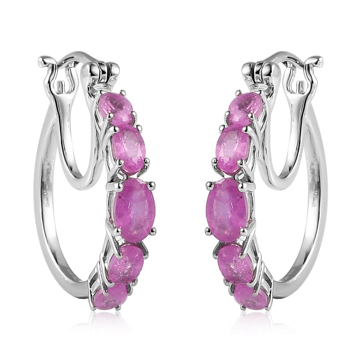 TLV Ilakaka Hot Pink Sapphire Hoop Earrings in Platinum Over Sterling Silver 3.90 ctw image number 0