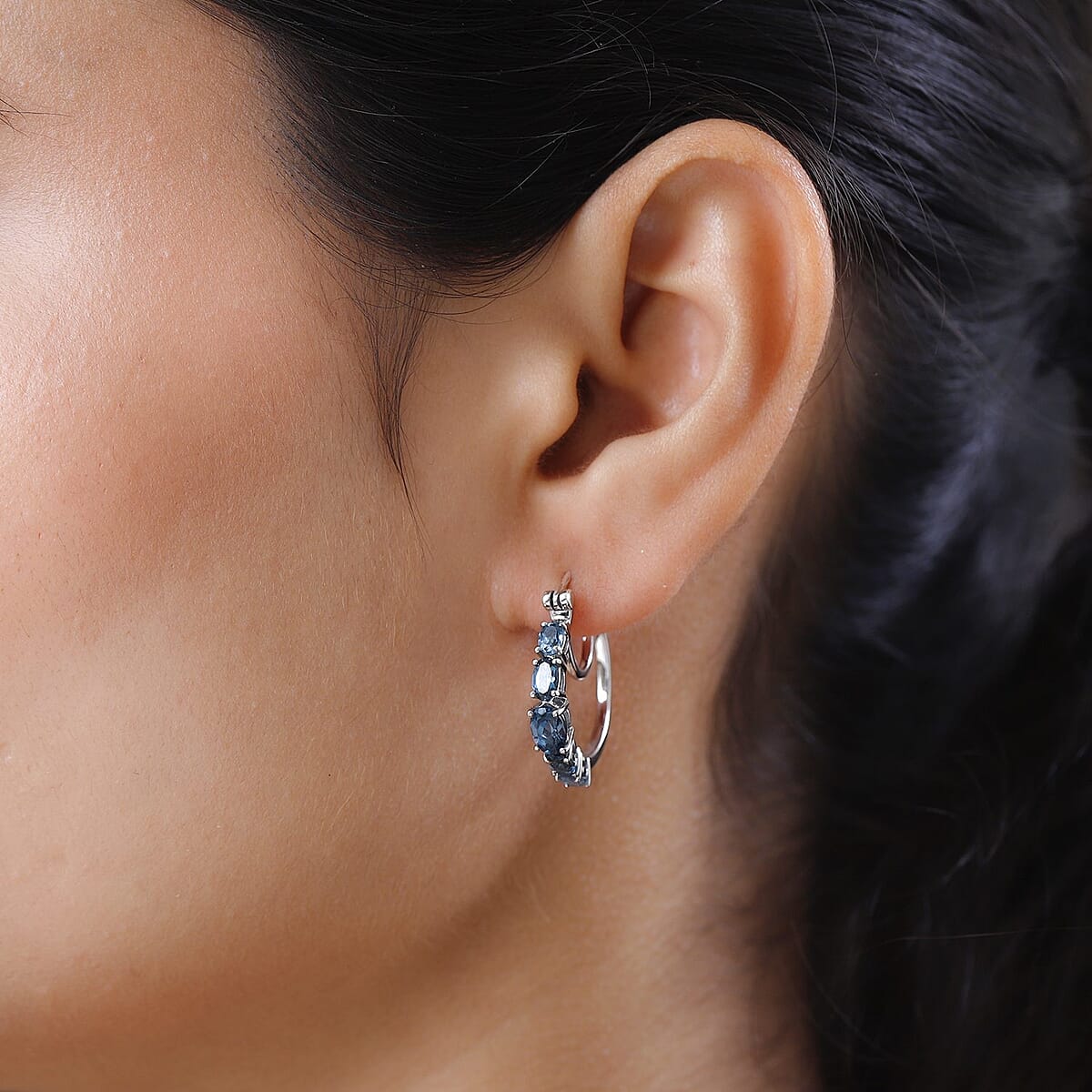 London Blue Topaz Hoop Earrings in Platinum Over Sterling Silver 2.75 ctw image number 2