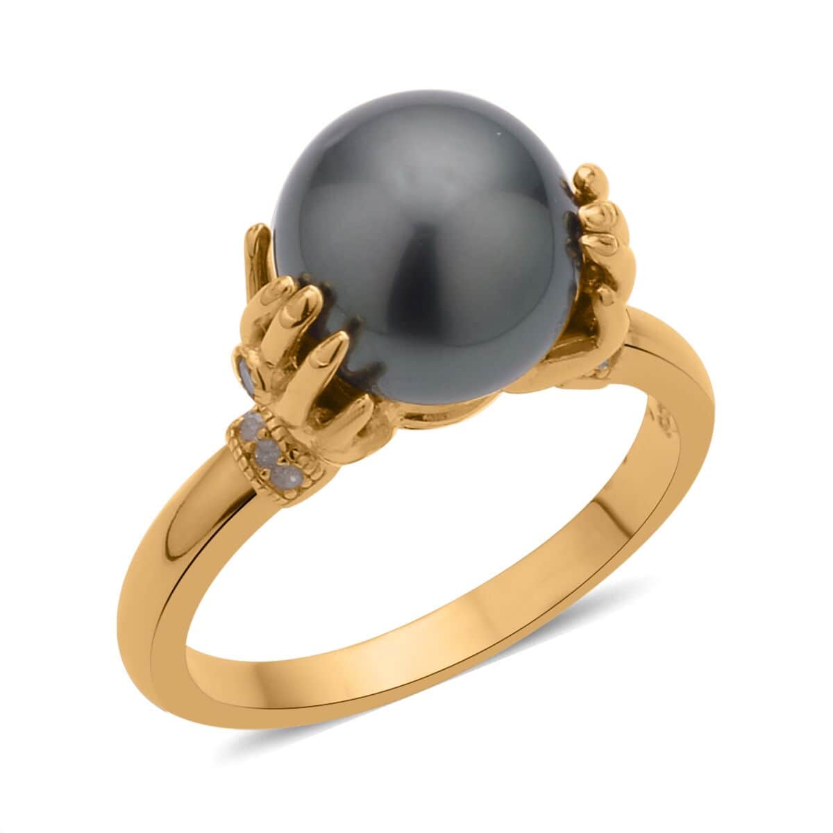 Tahitian Pearl, Natural Champagne and White Diamond Hand Wrapping Ring in Vermeil Yellow Gold Over Sterling Silver (Size 10.0) 0.06 ctw image number 0