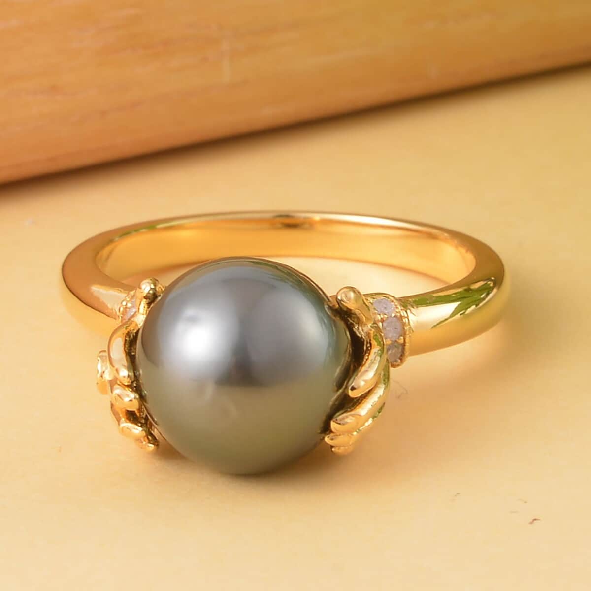 Tahitian Pearl, Natural Champagne and White Diamond Hand Wrapping Ring in Vermeil Yellow Gold Over Sterling Silver (Size 10.0) 0.06 ctw image number 1