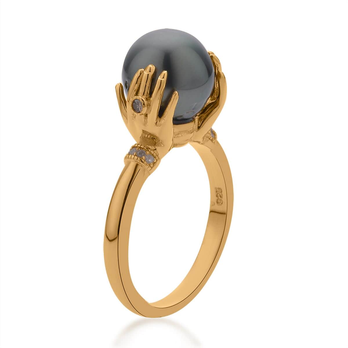Tahitian Cultured Pearl, Natural Champagne and White Diamond Hand Wrapping Ring in Vermeil Yellow Gold Over Sterling Silver 0.06 ctw image number 3
