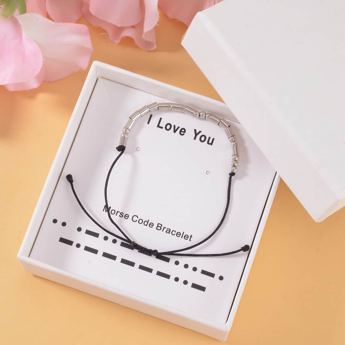 Rhodium Over Sterling Silver Beaded Bolo I Love You Morse Code Bracelet in Cotton Cord (Adjustable) image number 1