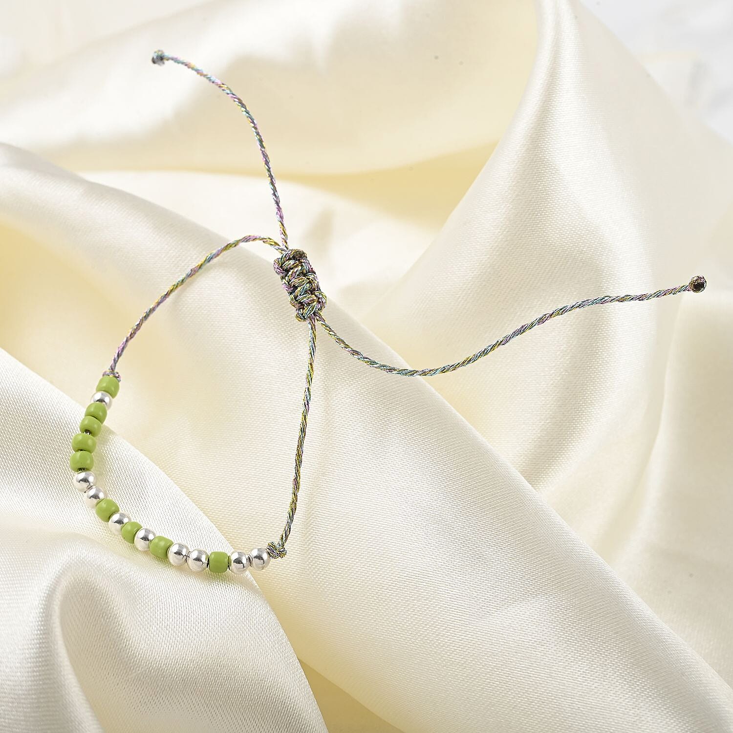 Green Glass Beaded Bracelet in Cotton Cord (6.00 In)