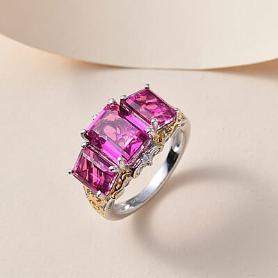Radiant Orchid Quartz (Triplet) and White Zircon 3 Stone Ring in Vermeil Yellow Gold and Platinum Over Sterling Silver (Size 10.0) 6.90 ctw