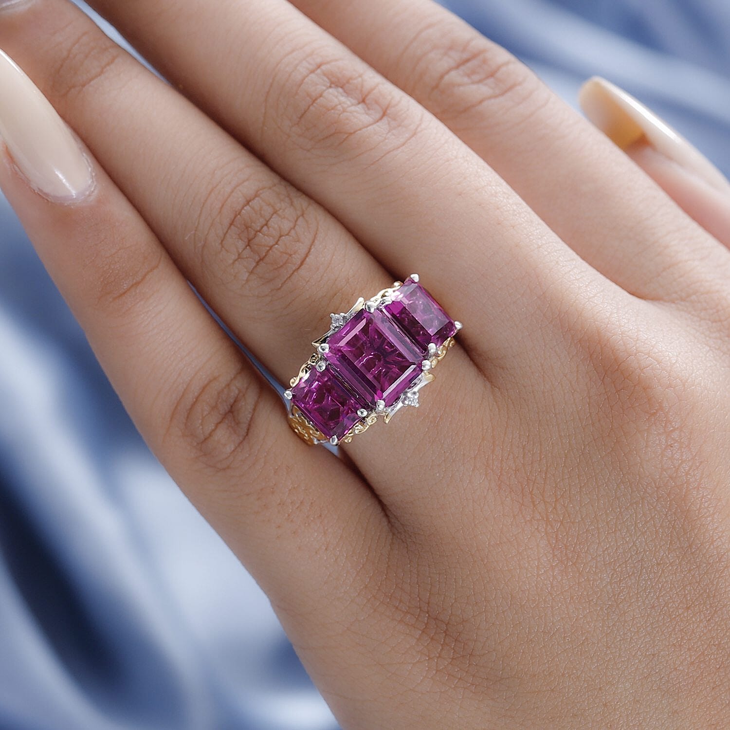 Radiant Orchid Quartz (Triplet) and White Zircon 3 Stone Ring in Vermeil Yellow Gold and Platinum Over Sterling Silver (Size 10.0) 6.90 ctw