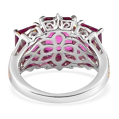 Radiant Orchid Quartz (Triplet) and White Zircon 3 Stone Ring in Vermeil Yellow Gold and Platinum Over Sterling Silver (Size 10.0) 6.90 ctw