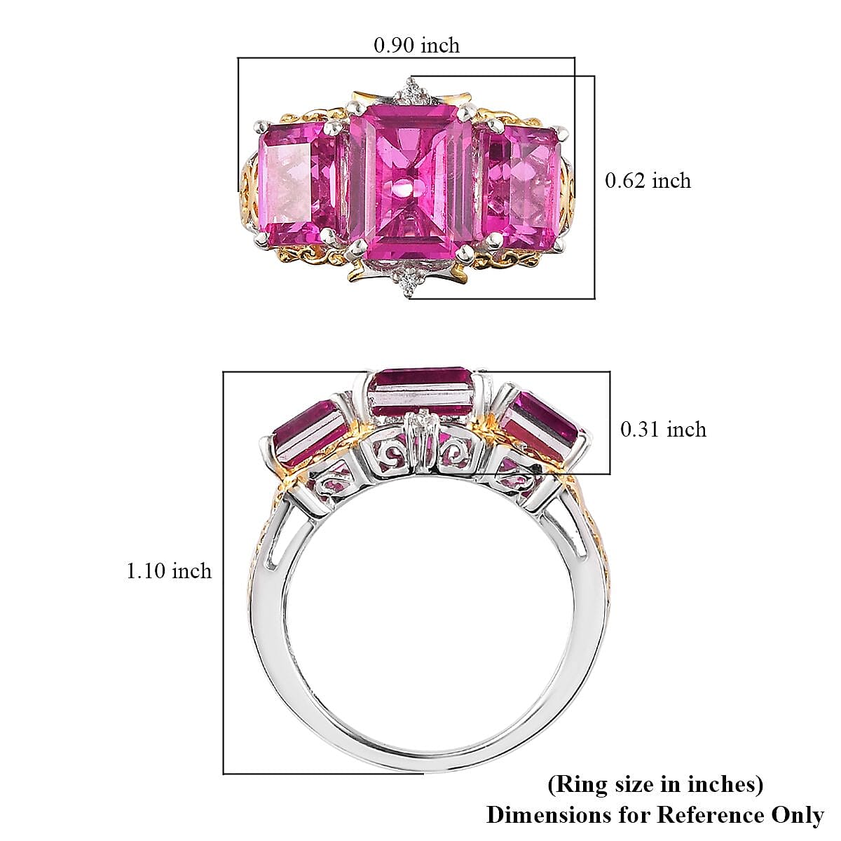 Radiant Orchid Quartz (Triplet) and White Zircon 3 Stone Ring in Vermeil Yellow Gold and Platinum Over Sterling Silver (Size 10.0) 6.90 ctw