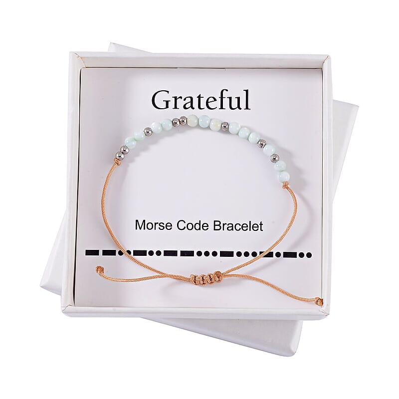 Green Shell Pearl 3-5mm Beaded Grateful Morse Code Bracelet in Sterling Silver and Cotton Cord (6.00 In)