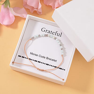 Green Shell Pearl 3-5mm Beaded Grateful Morse Code Bracelet in Sterling Silver and Cotton Cord (6.00 In)